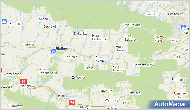 mapa Huta Nowa gmina Bieliny, Huta Nowa gmina Bieliny na mapie Targeo