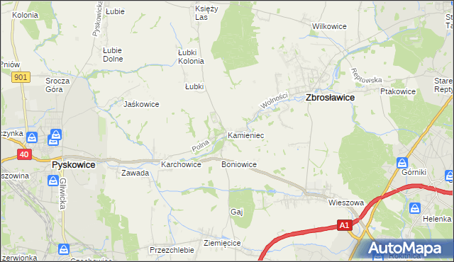 mapa Kamieniec gmina Zbrosławice, Kamieniec gmina Zbrosławice na mapie Targeo