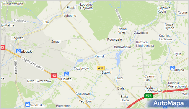 mapa Kamyk gmina Kłobuck, Kamyk gmina Kłobuck na mapie Targeo