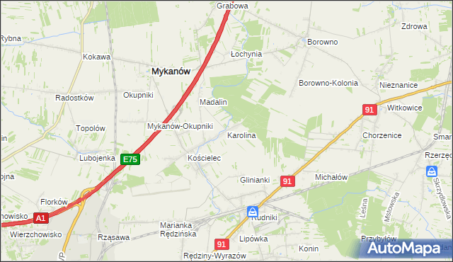 mapa Karolina gmina Rędziny, Karolina gmina Rędziny na mapie Targeo