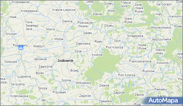mapa Kostrza gmina Jodłownik, Kostrza gmina Jodłownik na mapie Targeo