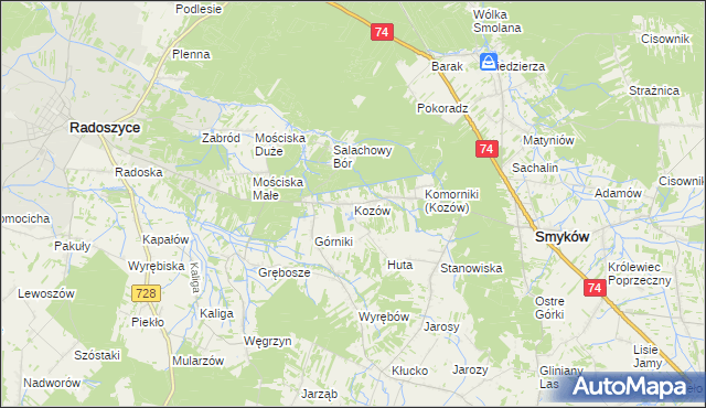 mapa Kozów gmina Smyków, Kozów gmina Smyków na mapie Targeo