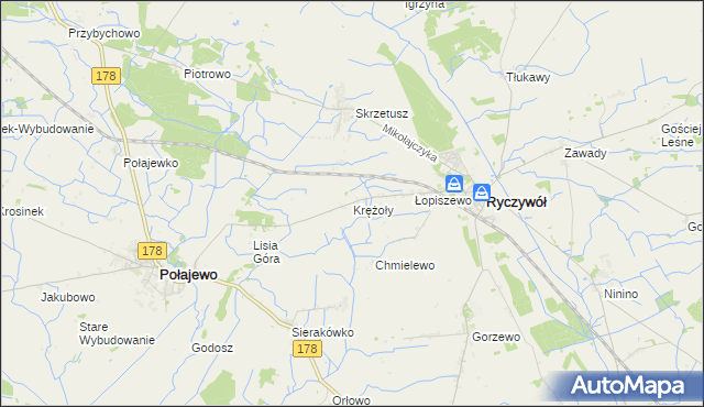 mapa Krężoły gmina Ryczywół, Krężoły gmina Ryczywół na mapie Targeo