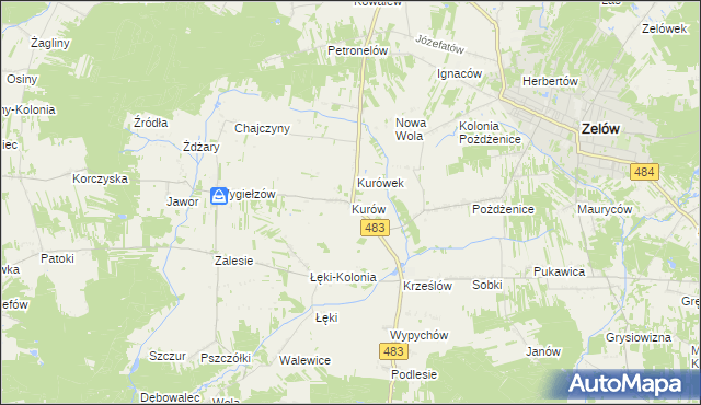 mapa Kurów gmina Zelów, Kurów gmina Zelów na mapie Targeo