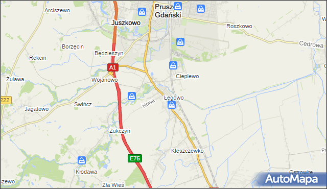 mapa Łęgowo gmina Pruszcz Gdański, Łęgowo gmina Pruszcz Gdański na mapie Targeo