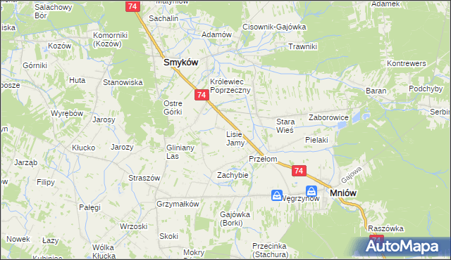 mapa Lisie Jamy gmina Mniów, Lisie Jamy gmina Mniów na mapie Targeo