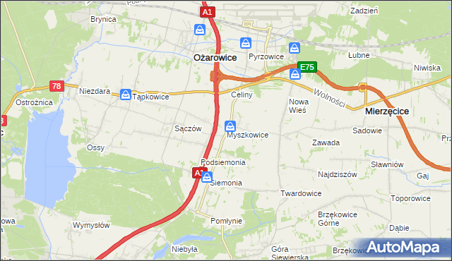 mapa Myszkowice gmina Bobrowniki, Myszkowice gmina Bobrowniki na mapie Targeo