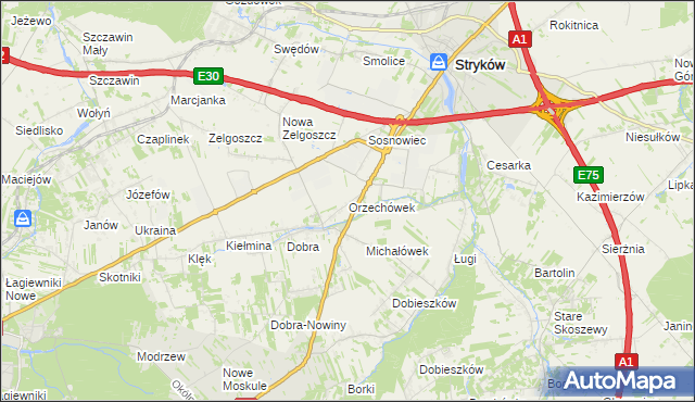 mapa Orzechówek gmina Stryków, Orzechówek gmina Stryków na mapie Targeo
