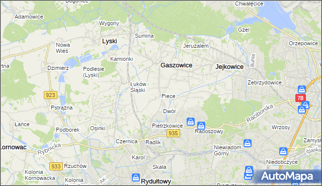 mapa Piece gmina Gaszowice, Piece gmina Gaszowice na mapie Targeo