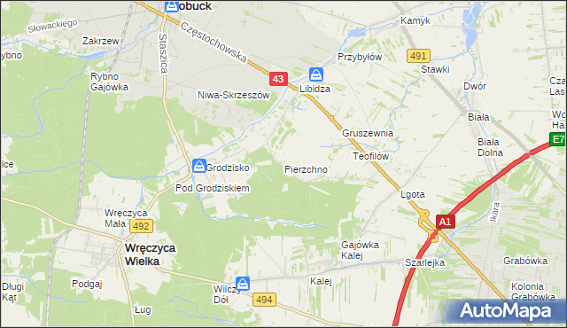 mapa Pierzchno gmina Wręczyca Wielka, Pierzchno gmina Wręczyca Wielka na mapie Targeo