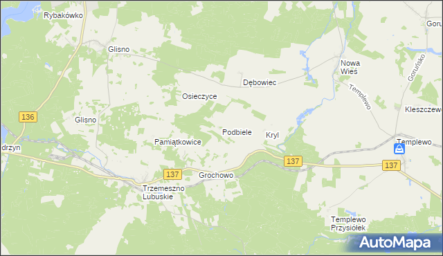 mapa Podbiele gmina Sulęcin, Podbiele gmina Sulęcin na mapie Targeo