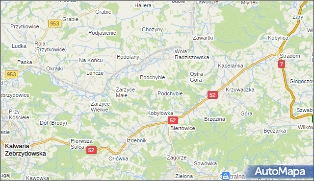 mapa Podchybie gmina Lanckorona, Podchybie gmina Lanckorona na mapie Targeo