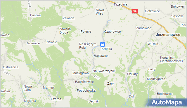 mapa Racławice gmina Jerzmanowice-Przeginia, Racławice gmina Jerzmanowice-Przeginia na mapie Targeo