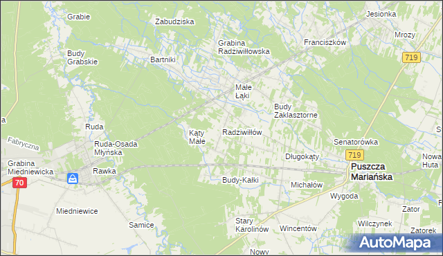 mapa Radziwiłłów gmina Puszcza Mariańska, Radziwiłłów gmina Puszcza Mariańska na mapie Targeo