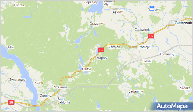 mapa Rapaty gmina Gietrzwałd, Rapaty gmina Gietrzwałd na mapie Targeo