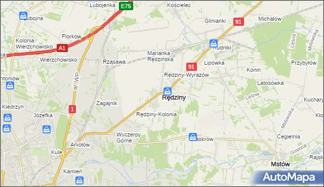 mapa Rędziny powiat częstochowski, Rędziny powiat częstochowski na mapie Targeo