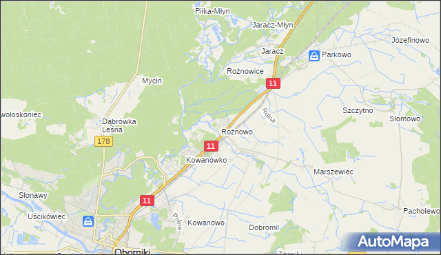 mapa Rożnowo gmina Oborniki, Rożnowo gmina Oborniki na mapie Targeo