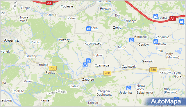 mapa Rybna gmina Czernichów, Rybna gmina Czernichów na mapie Targeo