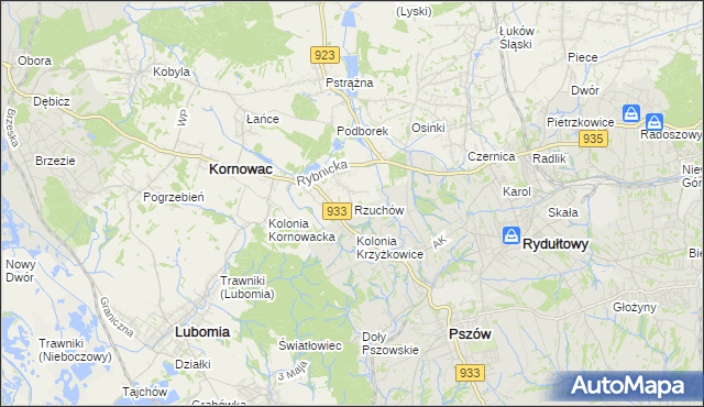 mapa Rzuchów gmina Kornowac, Rzuchów gmina Kornowac na mapie Targeo