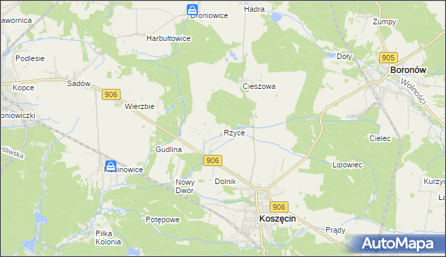 mapa Rzyce, Rzyce na mapie Targeo