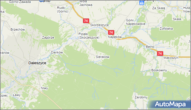 mapa Sieraków gmina Daleszyce, Sieraków gmina Daleszyce na mapie Targeo