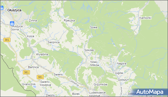 mapa Sokolec gmina Nowa Ruda, Sokolec gmina Nowa Ruda na mapie Targeo