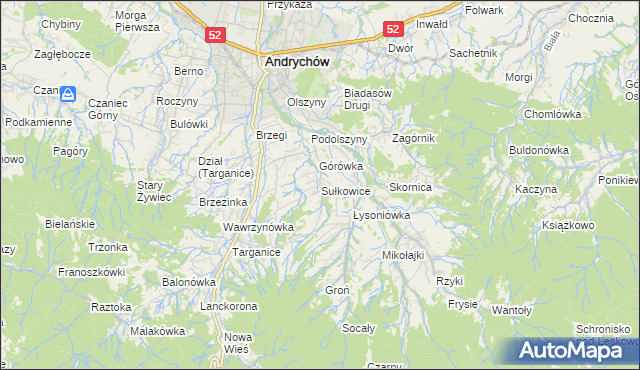 mapa Sułkowice gmina Andrychów, Sułkowice gmina Andrychów na mapie Targeo