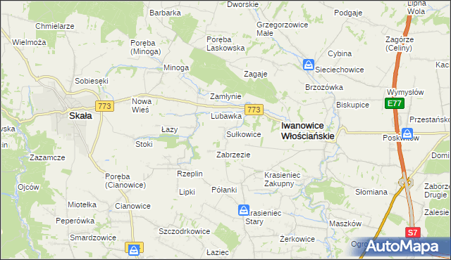 mapa Sułkowice gmina Iwanowice, Sułkowice gmina Iwanowice na mapie Targeo