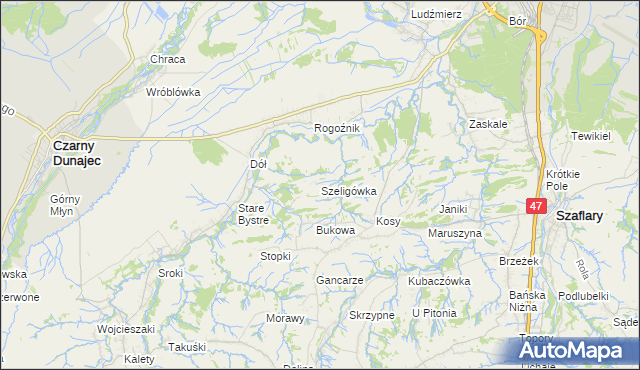 mapa Szeligówka gmina Czarny Dunajec, Szeligówka gmina Czarny Dunajec na mapie Targeo