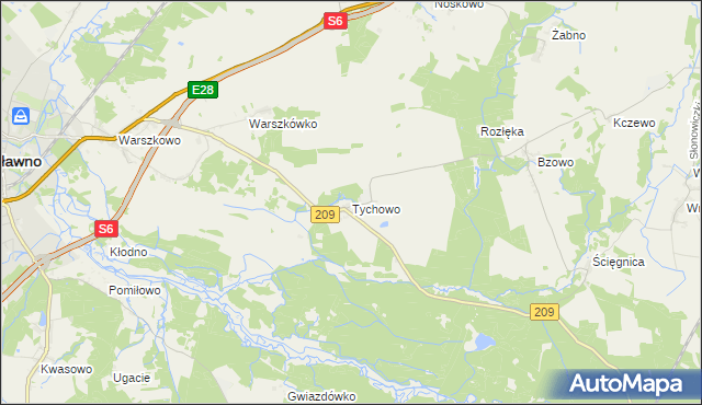 mapa Tychowo gmina Sławno, Tychowo gmina Sławno na mapie Targeo