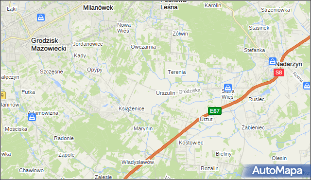 mapa Urszulin gmina Grodzisk Mazowiecki, Urszulin gmina Grodzisk Mazowiecki na mapie Targeo