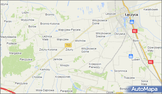 mapa Wilczkowice Górne gmina Łęczyca, Wilczkowice Górne gmina Łęczyca na mapie Targeo