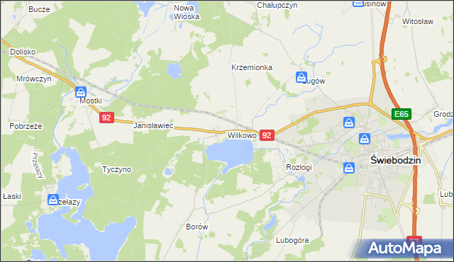 mapa Wilkowo gmina Świebodzin, Wilkowo gmina Świebodzin na mapie Targeo