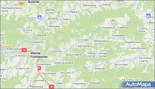 mapa Żarnówka gmina Maków Podhalański, Żarnówka gmina Maków Podhalański na mapie Targeo