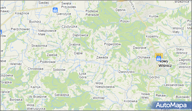 mapa Zawada gmina Bochnia, Zawada gmina Bochnia na mapie Targeo