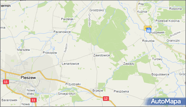 mapa Zawidowice gmina Pleszew, Zawidowice gmina Pleszew na mapie Targeo