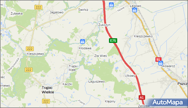 mapa Zła Wieś gmina Trąbki Wielkie, Zła Wieś gmina Trąbki Wielkie na mapie Targeo