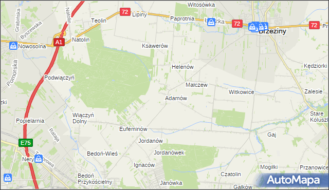 mapa Adamów gmina Brzeziny, Adamów gmina Brzeziny na mapie Targeo