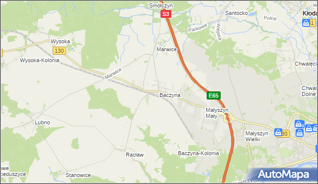 mapa Baczyna gmina Lubiszyn, Baczyna gmina Lubiszyn na mapie Targeo