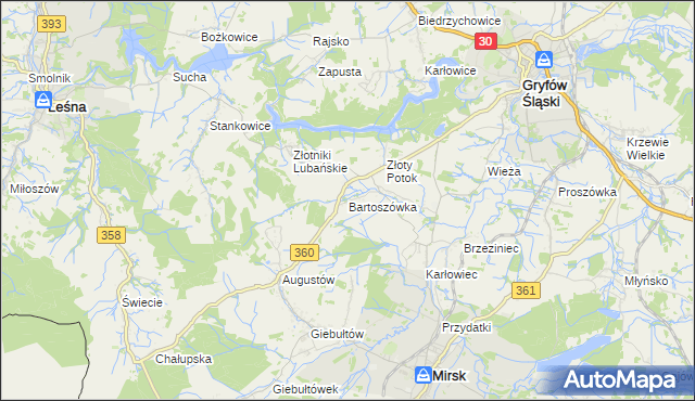 mapa Bartoszówka gmina Leśna, Bartoszówka gmina Leśna na mapie Targeo