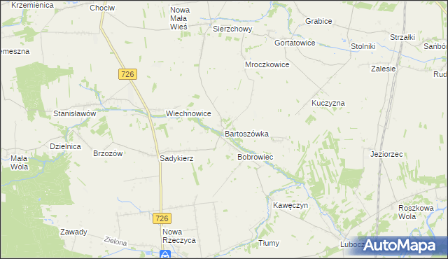 mapa Bartoszówka gmina Rzeczyca, Bartoszówka gmina Rzeczyca na mapie Targeo