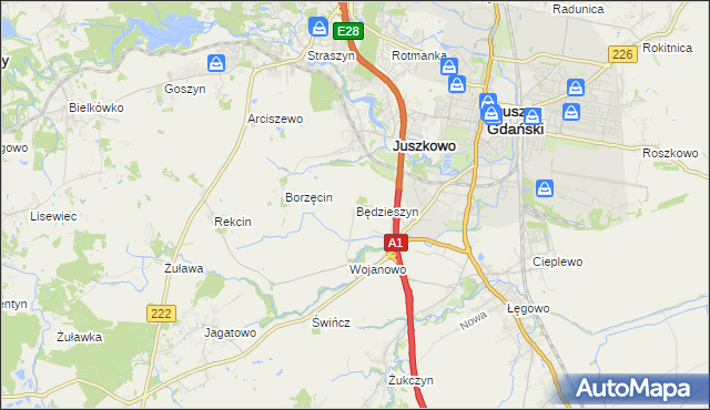 mapa Będzieszyn gmina Pruszcz Gdański, Będzieszyn gmina Pruszcz Gdański na mapie Targeo