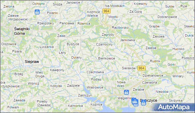 mapa Bieńkowice gmina Dobczyce, Bieńkowice gmina Dobczyce na mapie Targeo