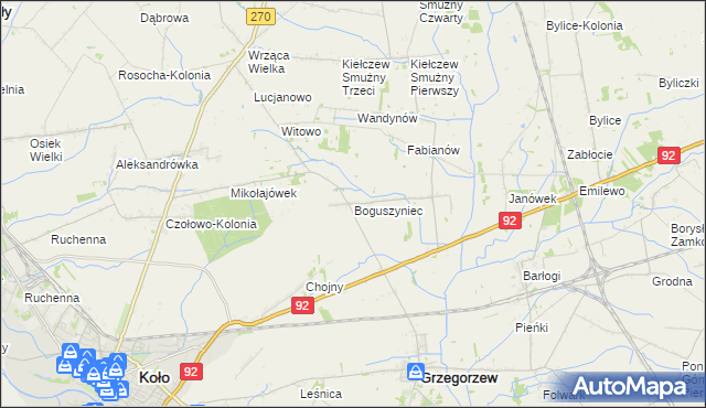 mapa Boguszyniec gmina Grzegorzew, Boguszyniec gmina Grzegorzew na mapie Targeo