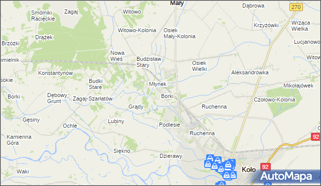 mapa Borki gmina Koło, Borki gmina Koło na mapie Targeo