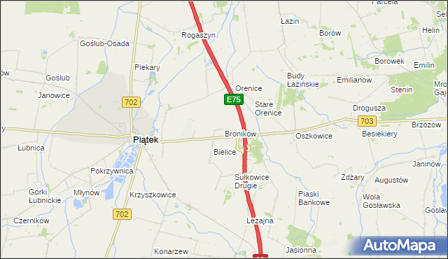 mapa Broników gmina Piątek, Broników gmina Piątek na mapie Targeo