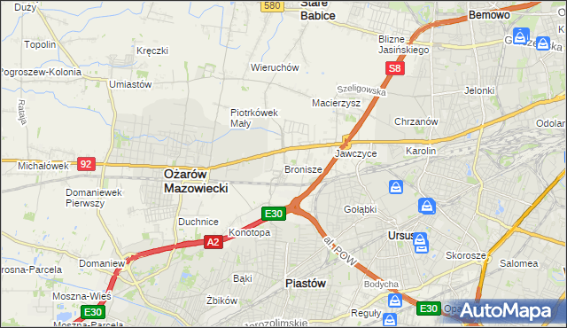 mapa Bronisze gmina Ożarów Mazowiecki, Bronisze gmina Ożarów Mazowiecki na mapie Targeo