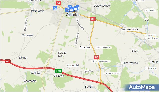 mapa Brzezina gmina Strzelce Opolskie, Brzezina gmina Strzelce Opolskie na mapie Targeo