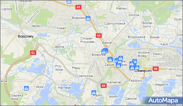 mapa Brzezinka gmina Oświęcim, Brzezinka gmina Oświęcim na mapie Targeo