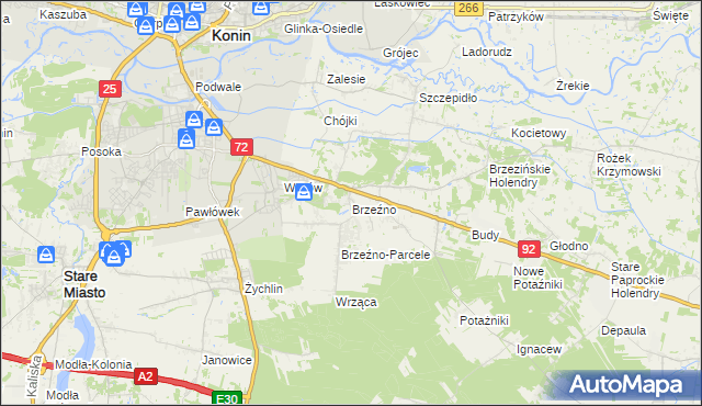 mapa Brzeźno gmina Krzymów, Brzeźno gmina Krzymów na mapie Targeo